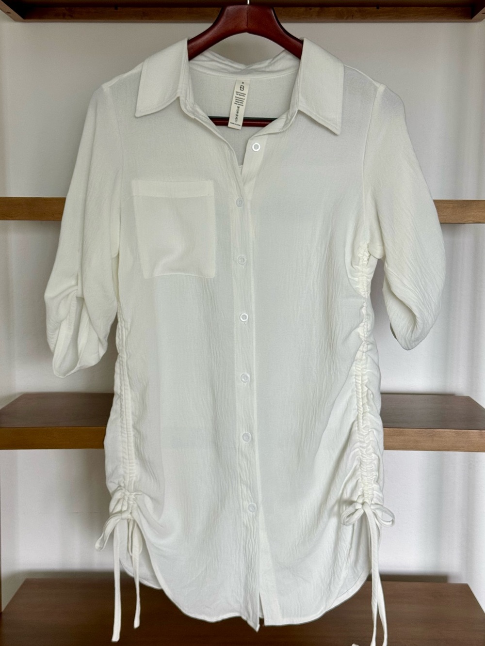 Button-Front Ruched Side Shirt in White - Women's Collared Top